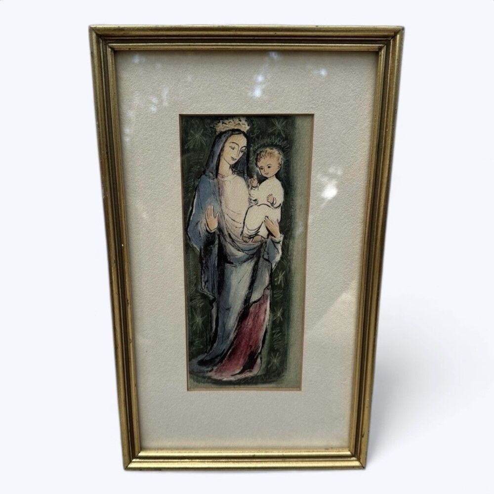 Vintage Gold Framed Mary and Jesus Christmas Card 7.75in x 12.75in Matted MCM
